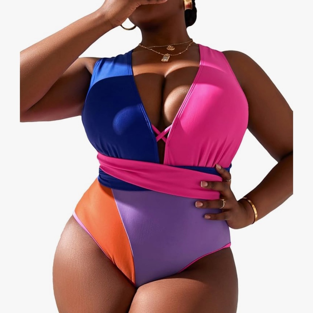 NWOT Colorblock Plunge One Piece Tie Swimsuit